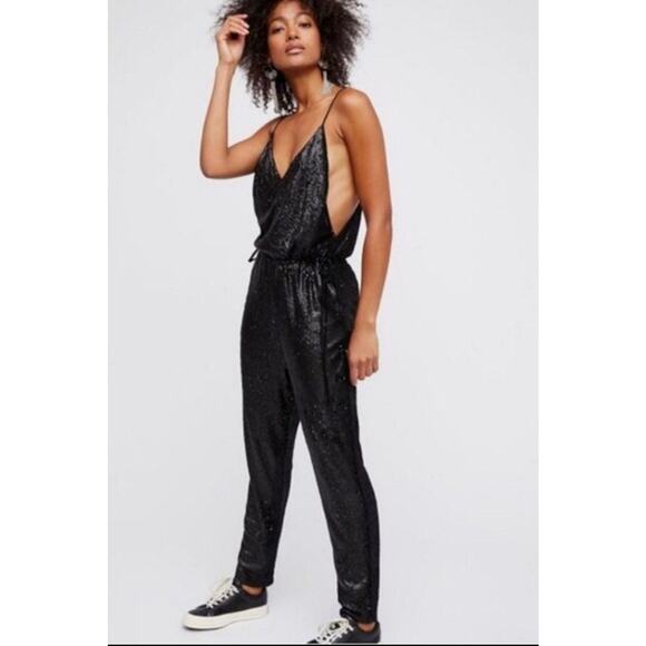 Free People Pants - Free People black all over sequin slouchy vneck spaghetti strap jumpsuit Size XS
